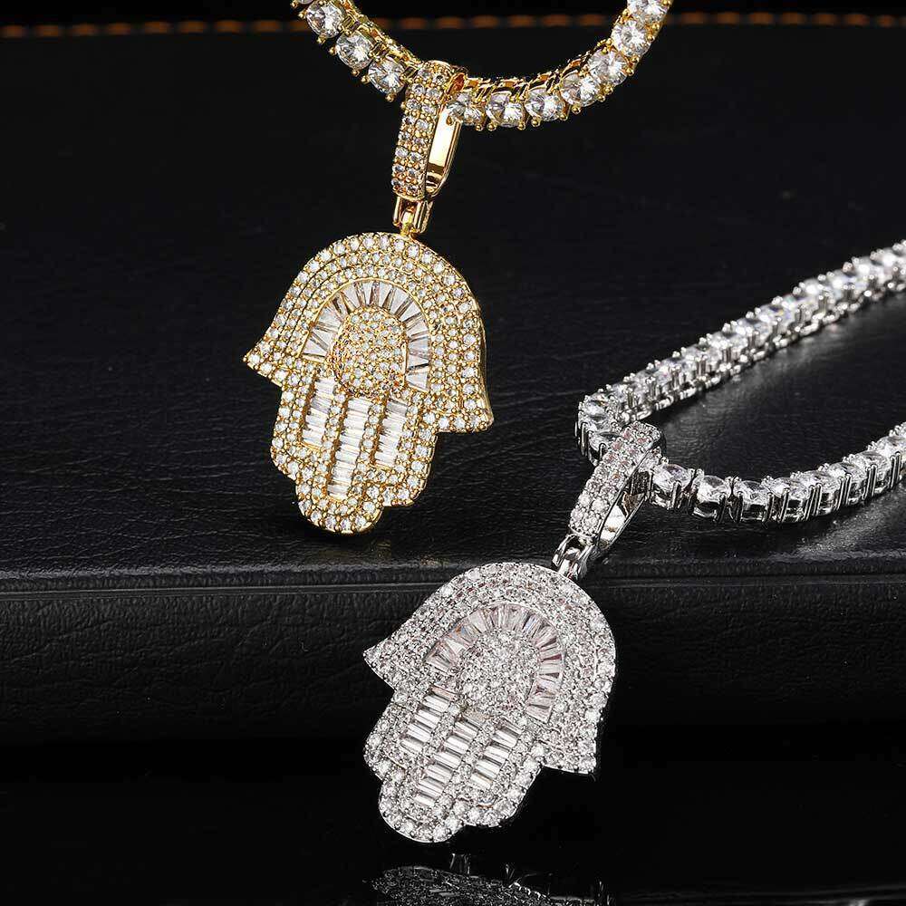 Copper Inlaid Zircon Small Palm Pendant Real Gold Plated Trendy Fatima Hand Hip Hop Necklace d722