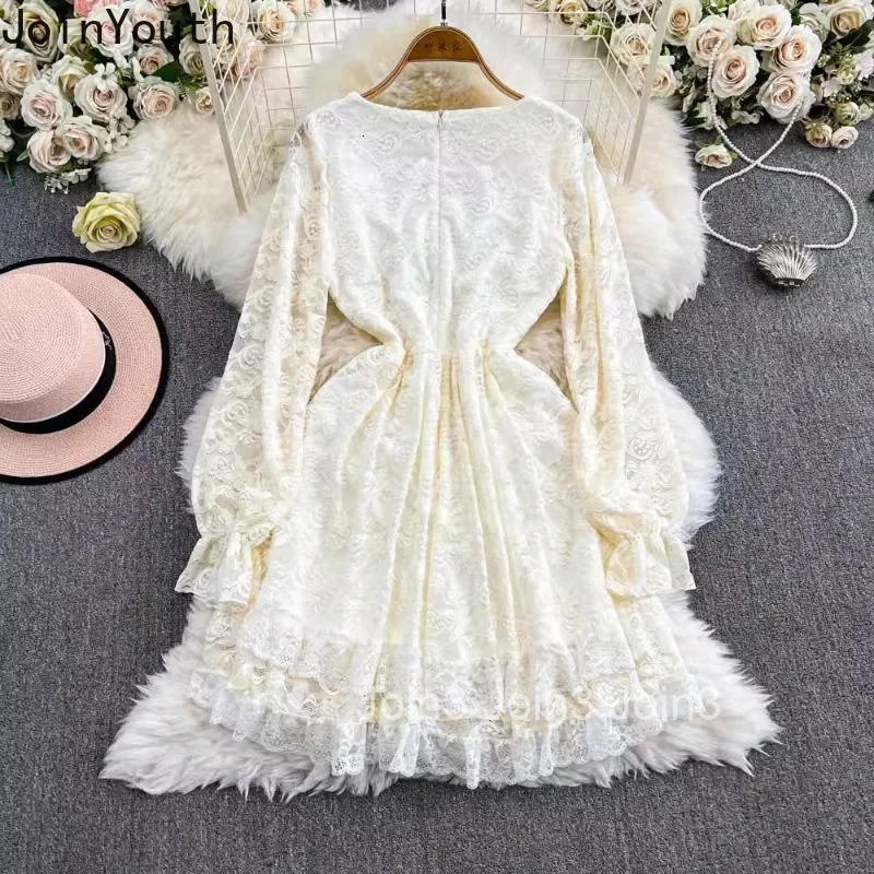 Sweet Woman Dress Slim Waist Slim Fit Korean Robe Femme Patchwork Lace V-neck A-line Temperament Dresses 2025 Vestidos De Mujer