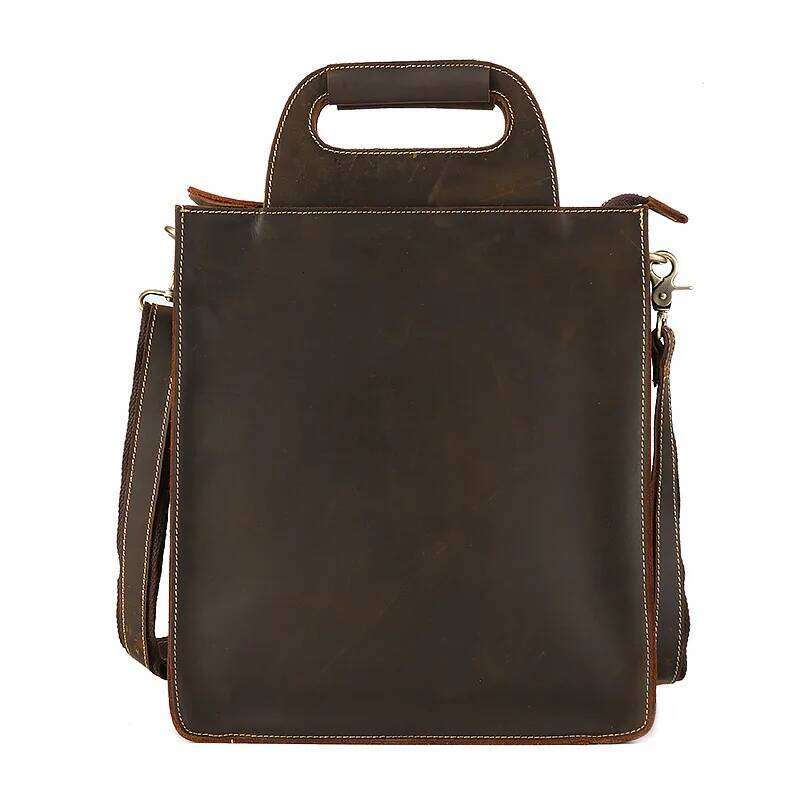 New Men's Handbag Genuine Men Shoulder Crossbody Bag 13" Laptop Bags Vertical Square Retro Handmade First Layer Leather