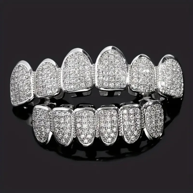 HipHop CZ Teeth Set For Unisex Top Bottom Mouth Gold Silver Color Tooth Cap Removable Dental Fashion Jewelry 250613