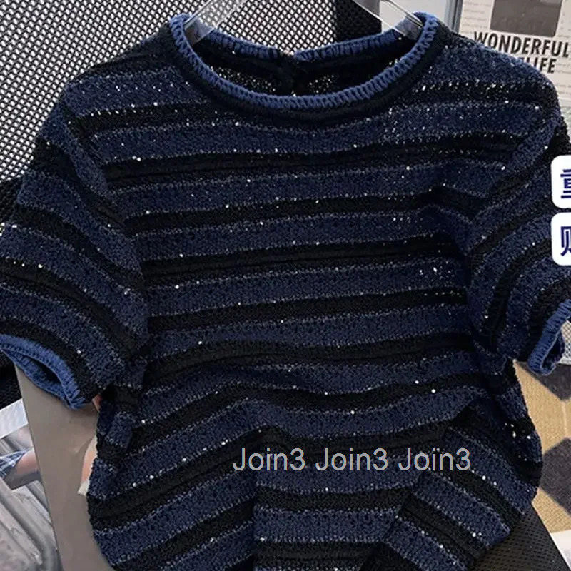Shirts for Women Knit Tshirts 2025 Ropa Mujer Short Sleeve O-neck Striped T Shirts Y2k Tops Chic Casual Summer Tees Crop Top