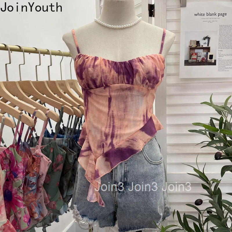 Irregular Tie Dye Printed Mesh Camisole Vest Women Clothing Sexy Tees Sleeveless Tunic Summer Camis Crop Tops Korean Chic Tanks