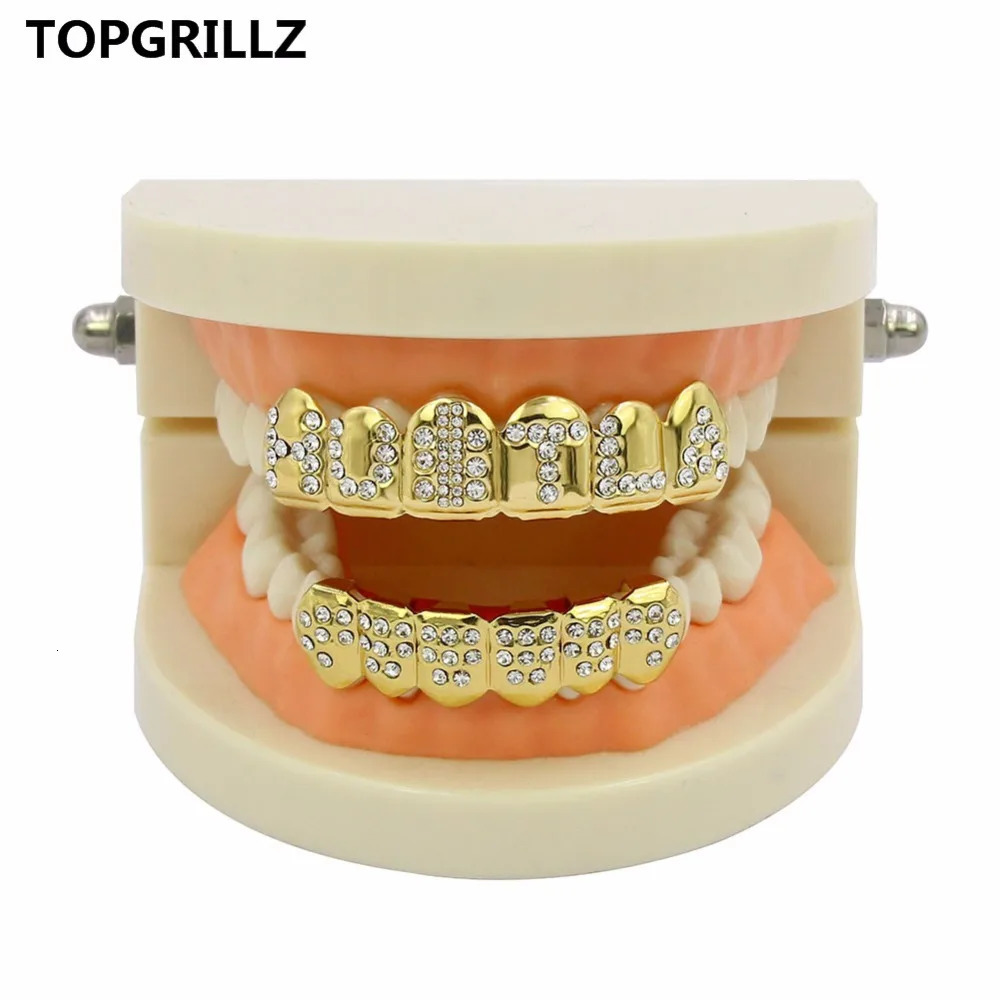 TOP Gold Color Plated Iced Out Letter CZ Stone Hip Hop Teeth For Mouth Caps Top Bottom Grills Set Classic tooth 250613