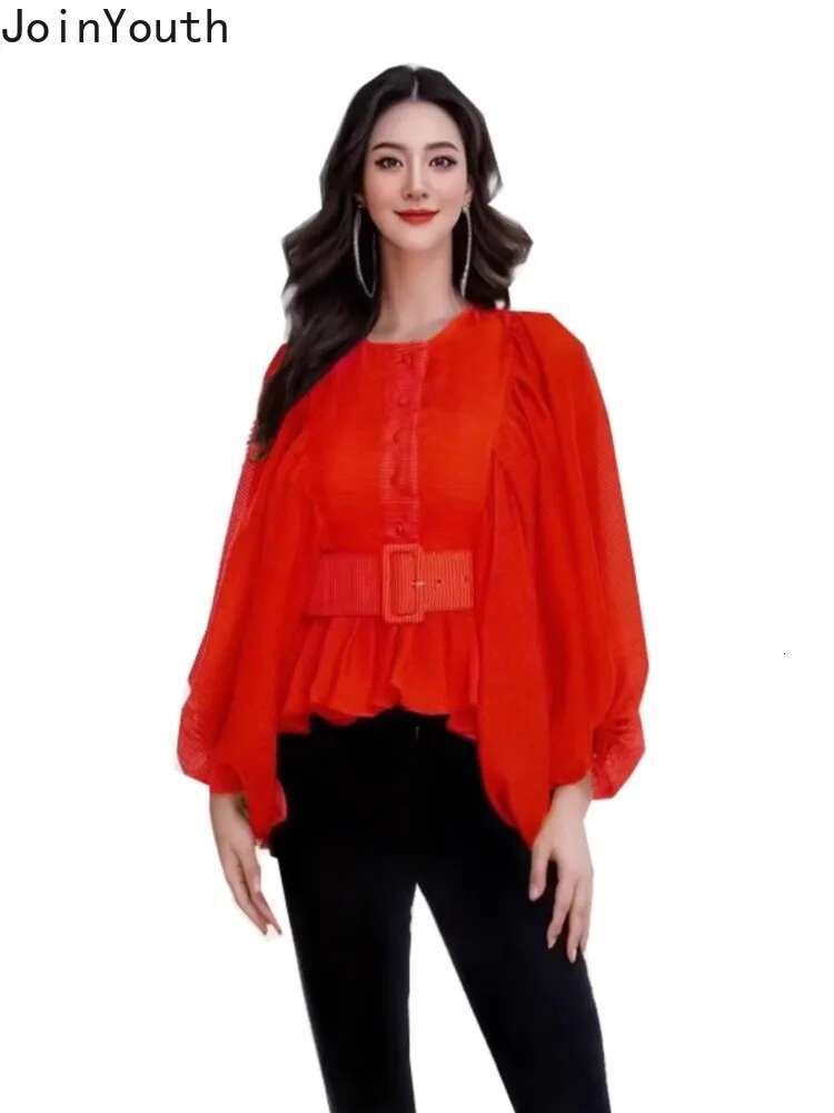 2025 Blusas Mujer De Moda Blouse for Women Lantern Sleeve Slim Waist Shirts Ruffles Single Breasted O-neck Blouse Tops Female