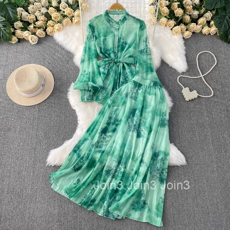 Women Clothing Skirt Suit Summer Floral Print 2 Piece Set Stand Neck Lantern Sleeve Bandage Shirt A-line Pleated Skirts Outfits