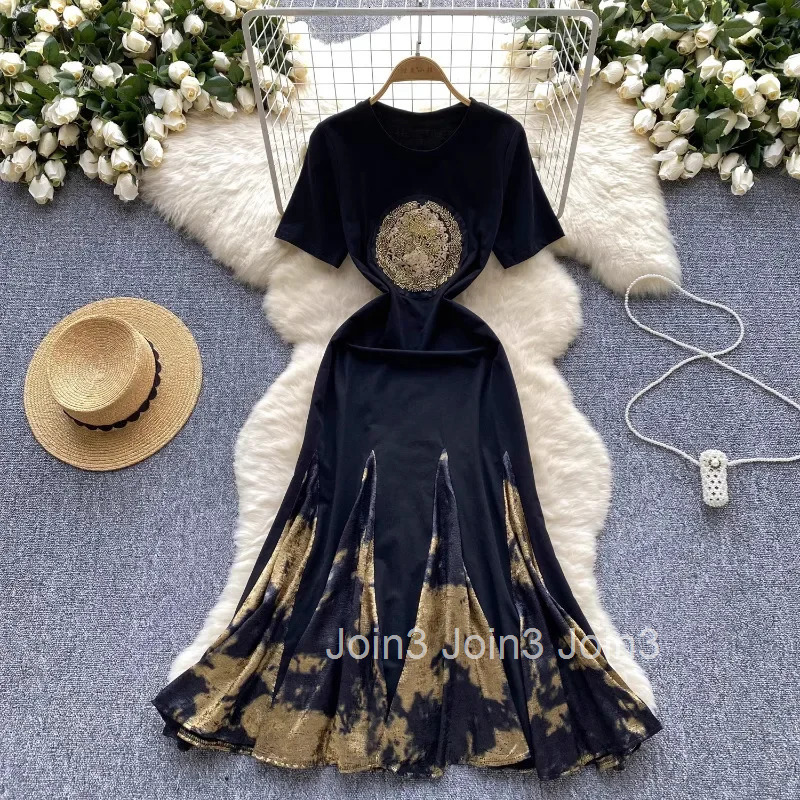 Korean Vestido Femme Vintage Sequin Embroidery Dresses Tunic Temperament Robe Femme Short Sleeve Black Summer Dress for Women