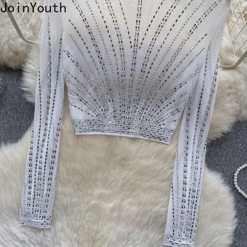Fashion Tshirts Womens Clothing Heavy Diamond Tunic Tees 2025 Ropa Mujer Crop Tops Sexy See Throught Gauze T Shirt Y2k T-shirt