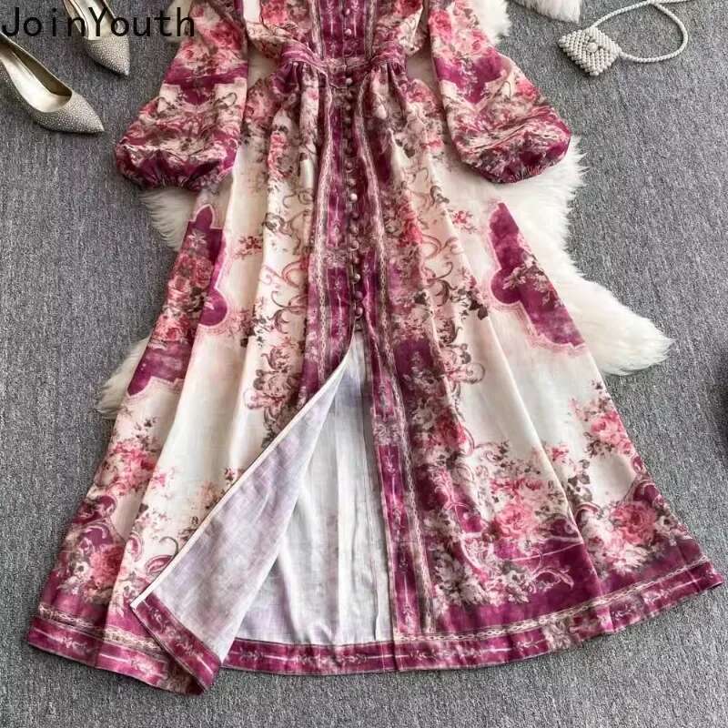Deep V-neck Floral Dress Women Single Breasted Tunic Temperament Robe Femme 2025 Vestidos De Mujer Vintage Summer Maxi Dresses