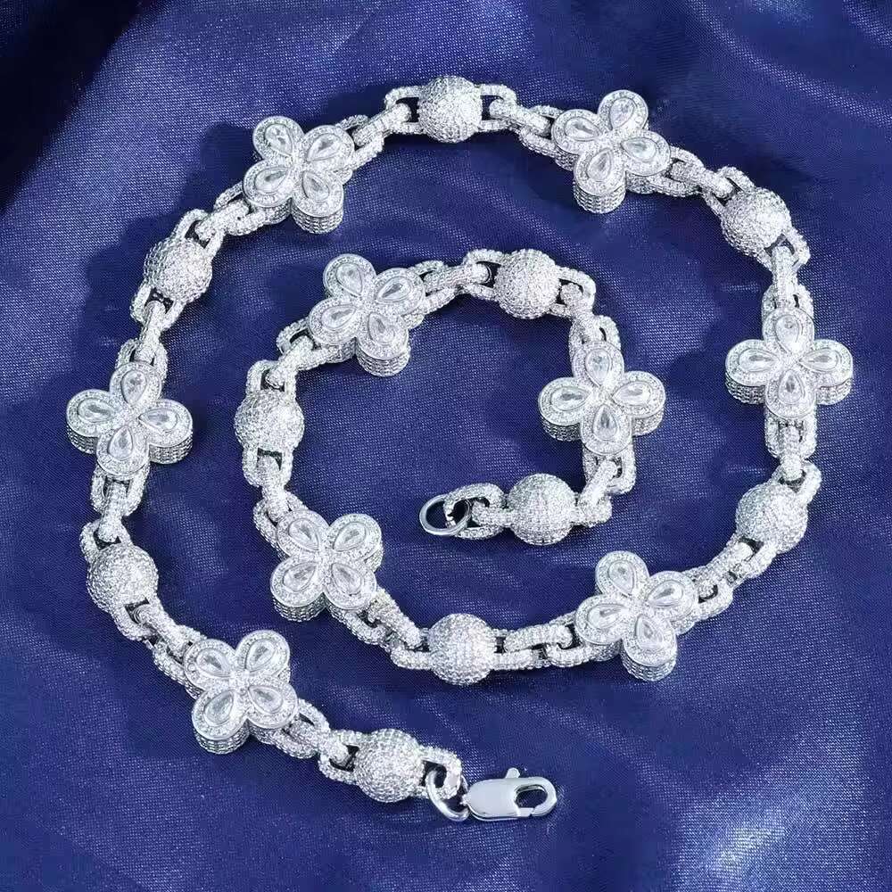 Hot Sale Hip Hop Full Bubble Bead Necklace Chain Four Leaf Clover Jewelry Men Necklace Accessories Cuban Necklace for Men