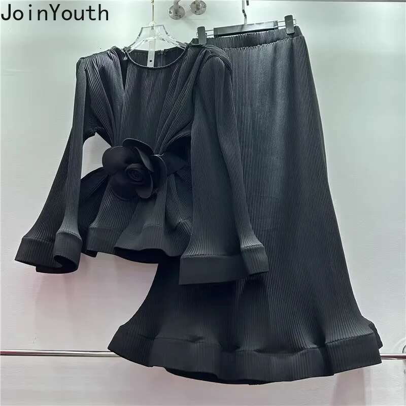 Skirt Outfits Summer Two Piece Sets Women Clothing Flare Sleeve 3D Floral Ruffles Tops Bodycon Skirt Suit Chic Korean Chic Set