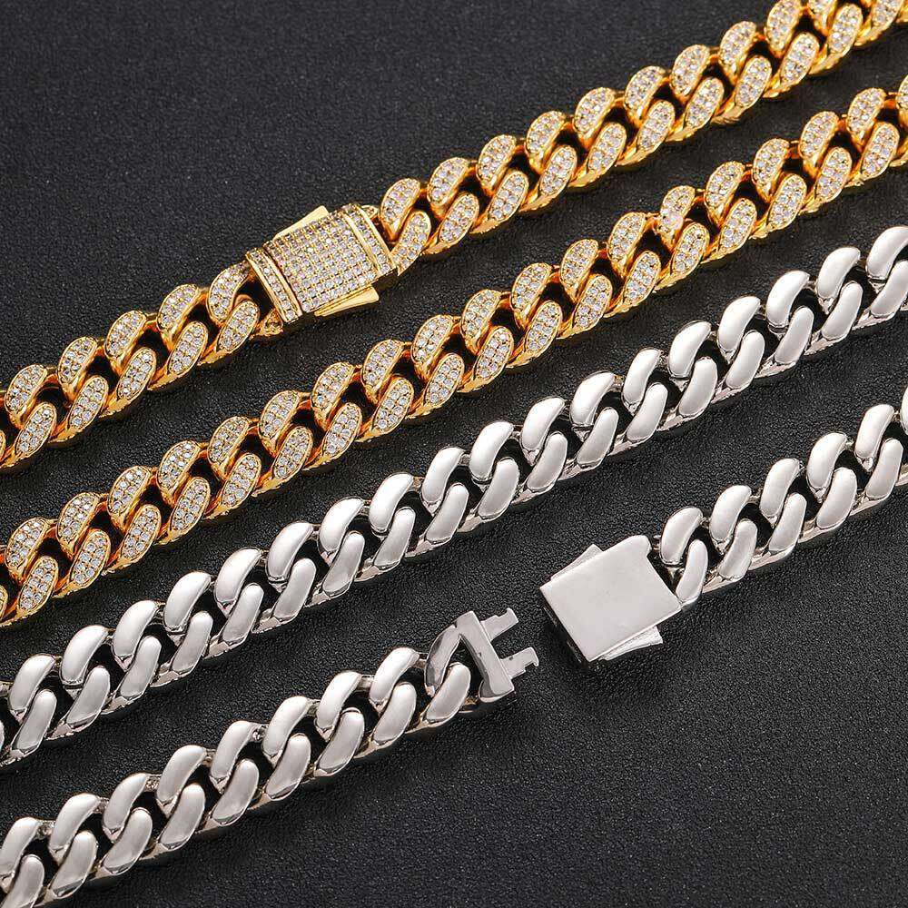 Hip Hop Zircon 12mm Spring Clasp Double Row Full Dia Cuban Chain Trendy Men's Necklace Jewelry 46a0