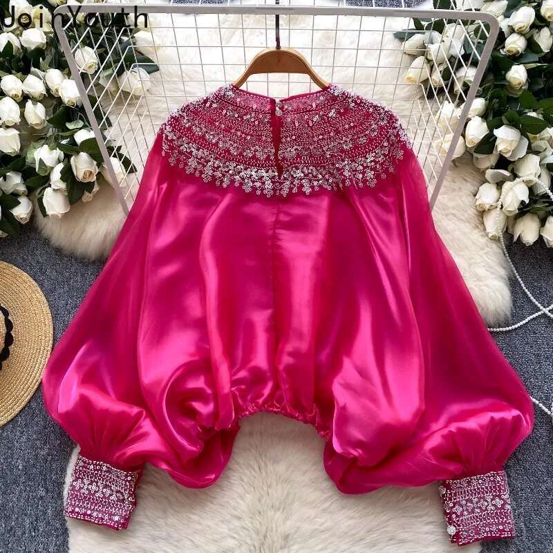 Camises De Mujer Heavy Beading Blouses for Women Lantern Sleeve Loose Shirts Solid Color Vintage Summer Blouse Temperament Tops