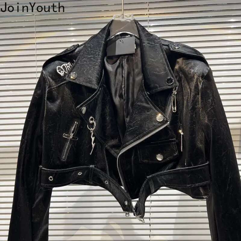 Harajuku PU Jackets for Women Letter Embroidery Zipper Outwear Y2k Crop Tops 2025 Ropa Mujer Streetwear Fashion Leather Coats