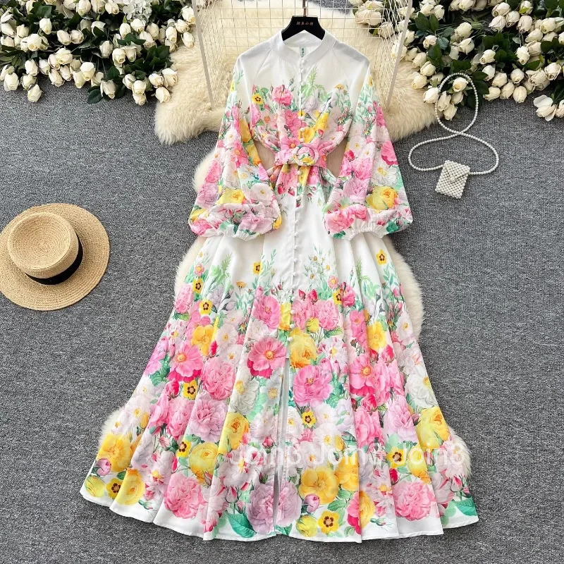 2025 Vestidos Mujer De Moda Floral Elegant Dress for Women Slim Waist Single Breasted Lantern Sleeve Robe Femme Maxi Dresses