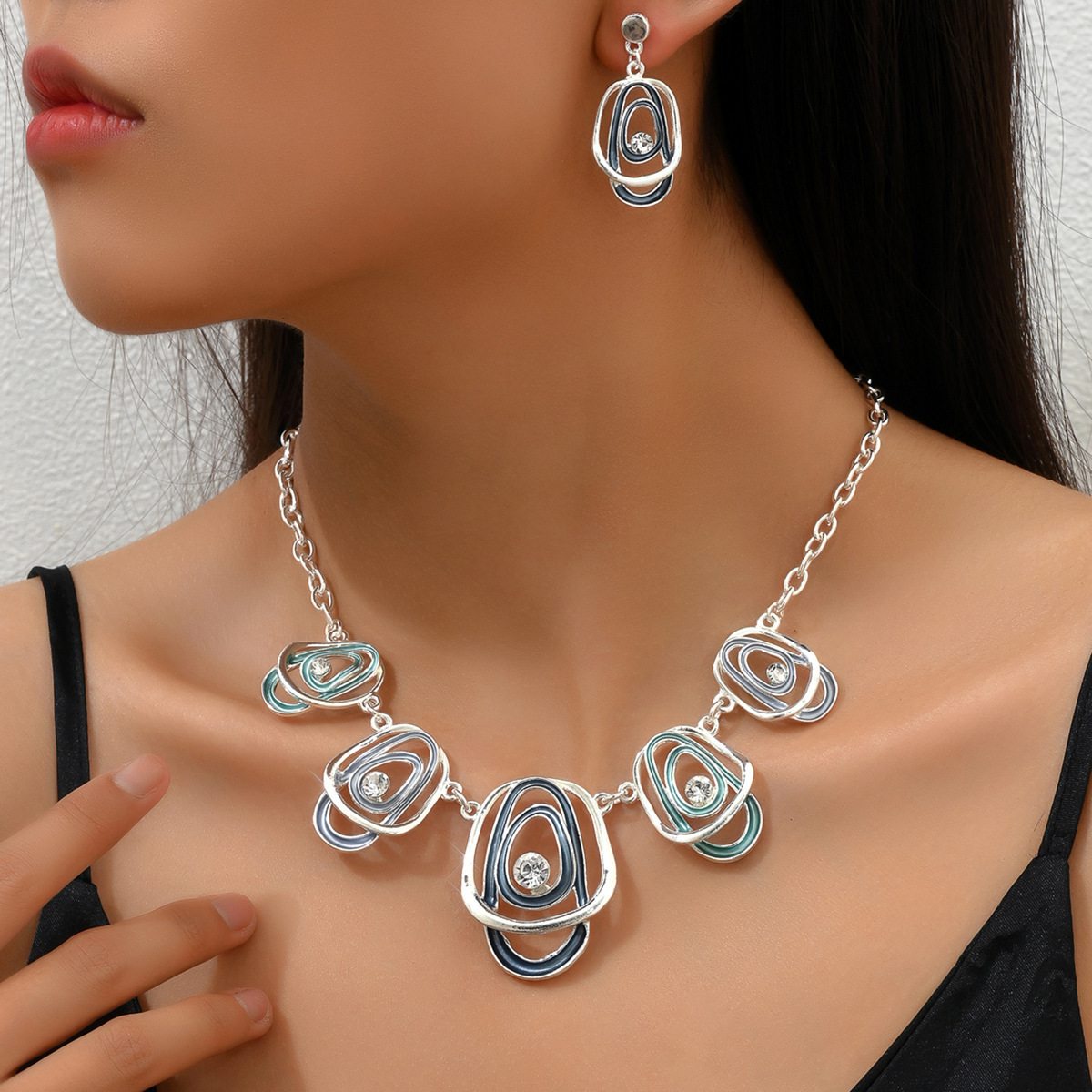 Long Necklace Set Personality Oil Drip Design Inlaid Stud Earrings Light Clavicle Chain