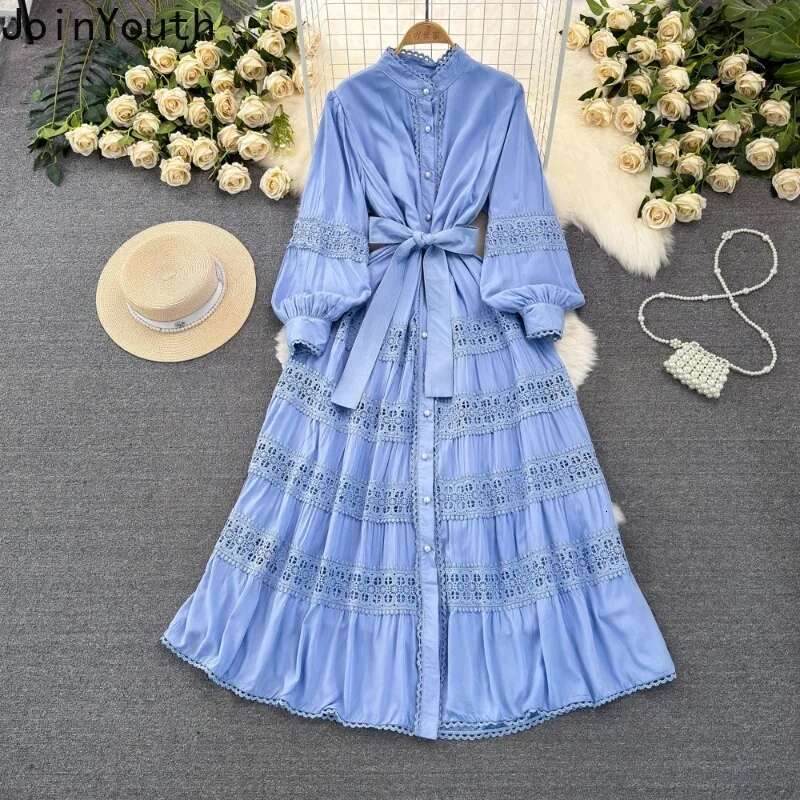 2025 Vestidos De Mujer Elegant Dresses for Women Slim Waist Lantern Sleeve Big Swing Robe Femme Patchwork Lace Maxi Dress 63c585