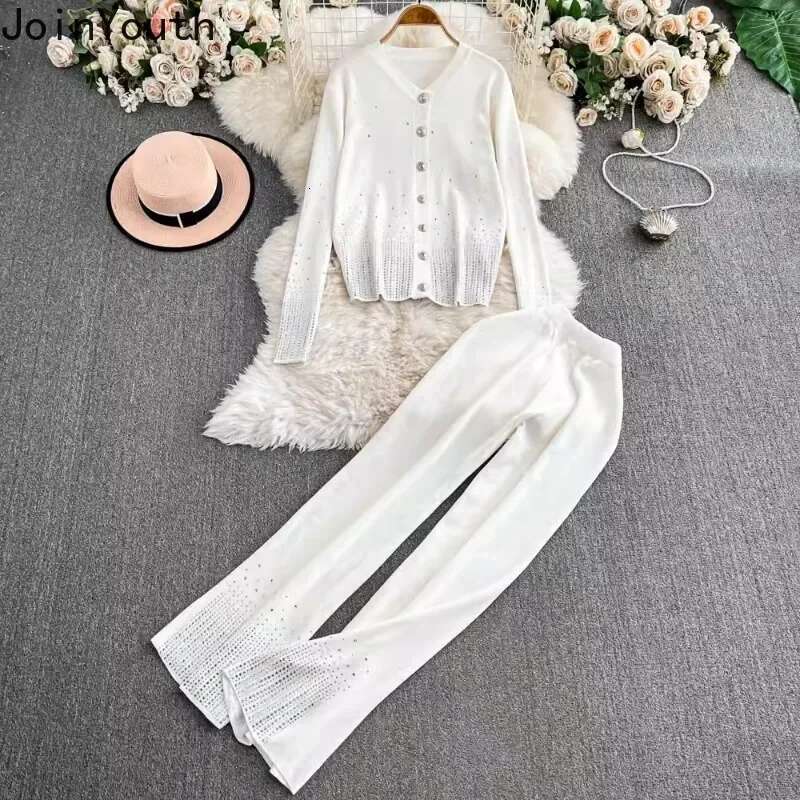 Pants Suit Vintage Two Piece Sets Womens Outfits Diamond Knitted Cardigan Coats High Waist Straight Wide Leg Pants Sets 63b188