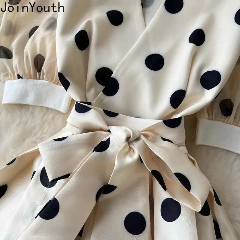 Summer Dress Women V Neck Puff Sleeve Robe Bandage Slim Waist Vestidos De Mujer Big Swing Polka Dot Vintage Maxi Dresses 7o040