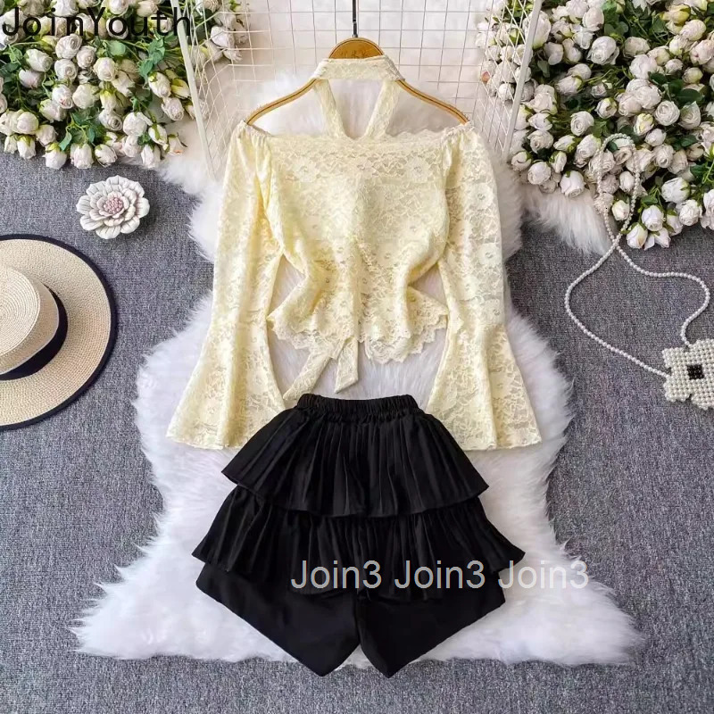 Shorts Outfits Women Clothing Two Piece Sets Slash Neck Flare Sleeve Lace Shirt High Waist Ruffles Shorts Suit Fashion Sexy Set