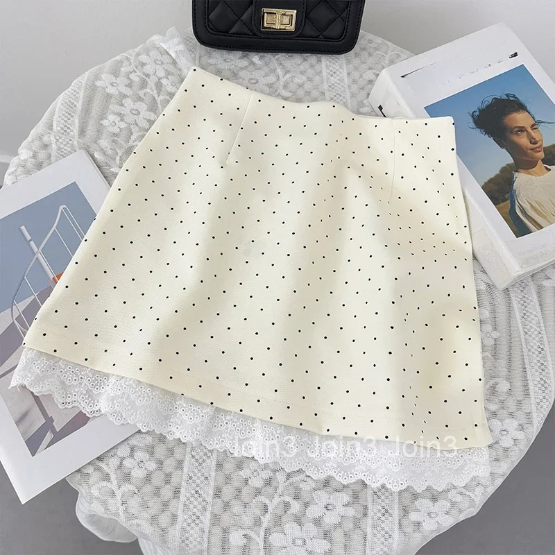 Bodycon Women Skirt 2025 Faldas Mujer De Moda High Waist Tunic Polka Dot Jupe Fashion Vintage Saia Patchwork Lace Mini Skirts