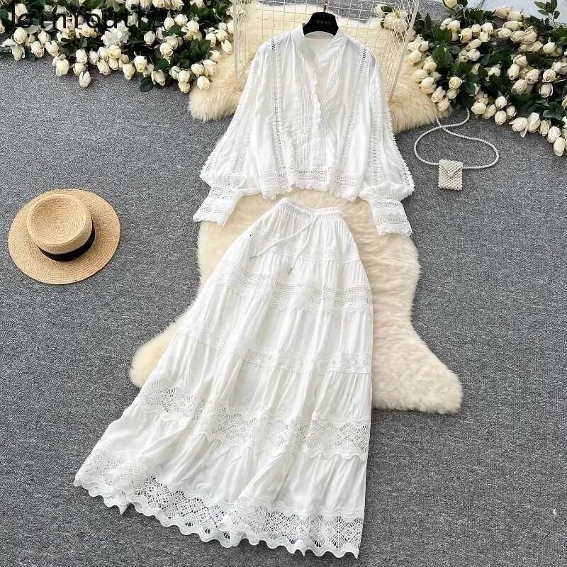 Women Clothing Vintage 2 Piece Set Patchwork Lace Stand Neck Shirt High Waist A-line Loose Skirt Outfits Hollow Out Vintage Suit