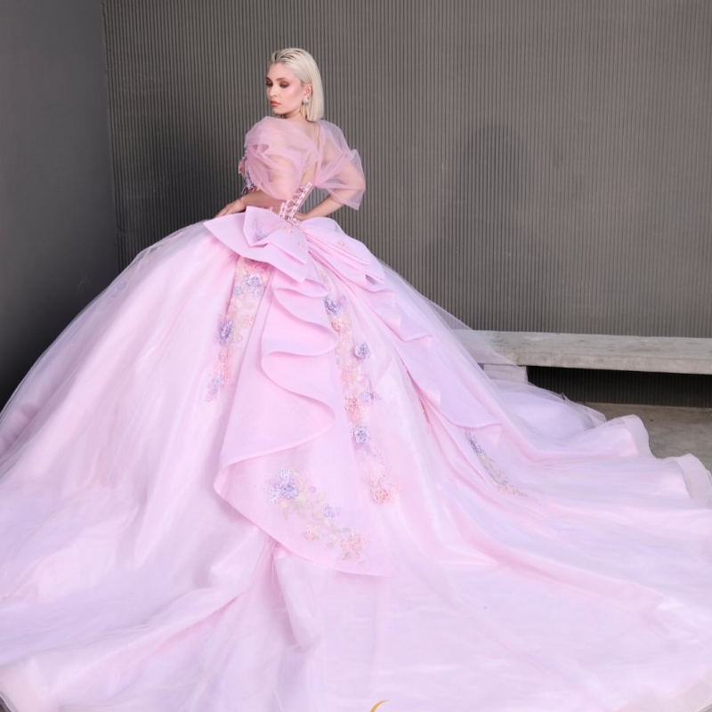 Pink Shiny Quinceanera Dresses Ball Gown Off The Shoulder Applique Lace Beads Tull Corset Sweet 16 Dress Vestidos 15 Anos