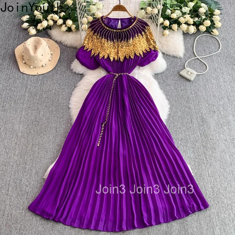 Temperament Robe Femme Heavy Sequin Summer Dresses Women Clothing 2025 Vestidos De Mujer O-neck Short Sleeve Pleated Maxi Dress