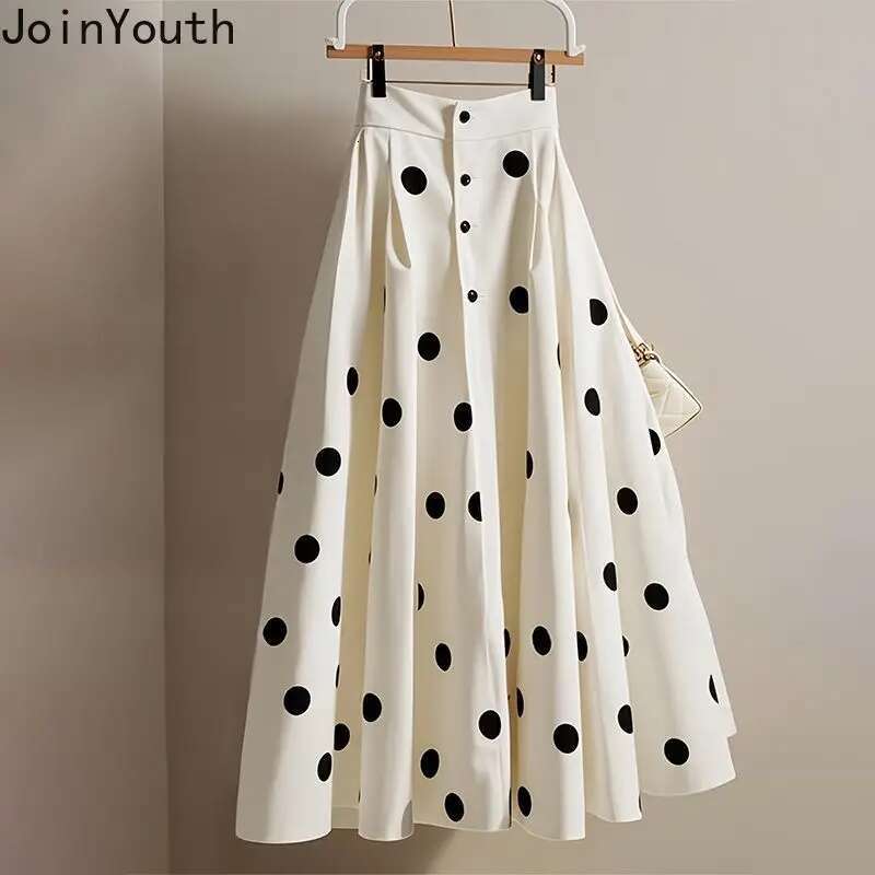 White Polka Dot Skirt for Women 2025 Faldas Mujer De Moda High Waist A-line Jupe Vintage Korean Saia Big Swing Loose Sweet Skirt