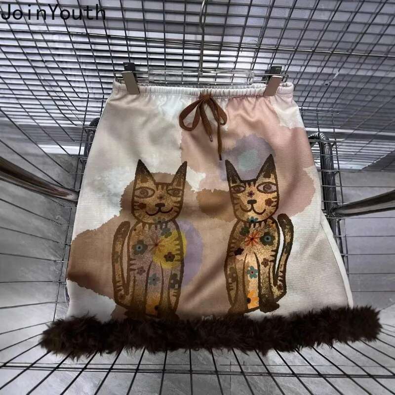 2025 Faldas Mujer De Moda Bodycon Skirts for Women Cat Cartoon Print Slim Fit Jupe Fashion Korean Saia Bandage Mini Skirt 63c517