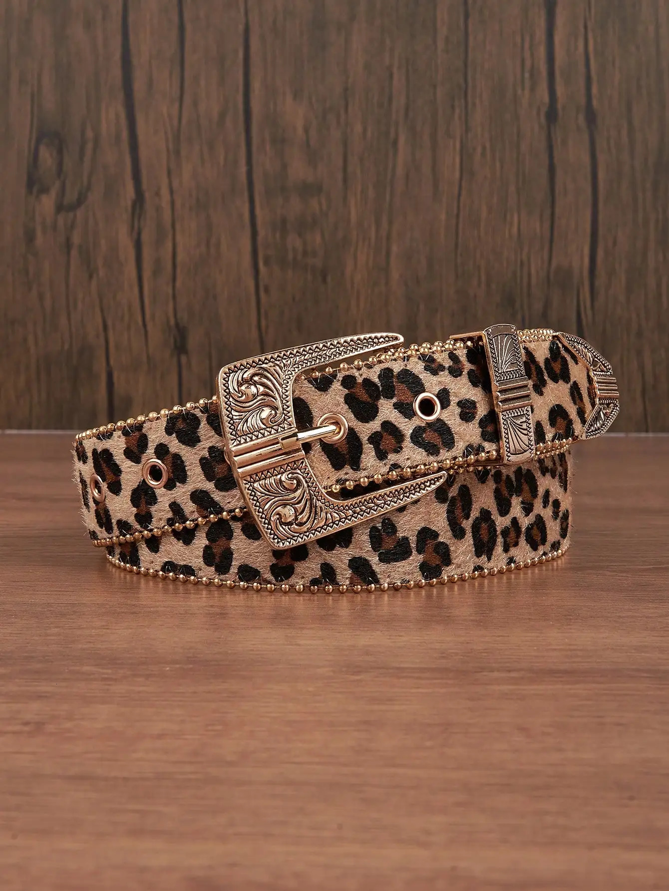 1pc Men Leopard Vintage Engraved Metal Buckle Pearl Edged Jeans Belt Versatile For Casual Wear Halloween 250617