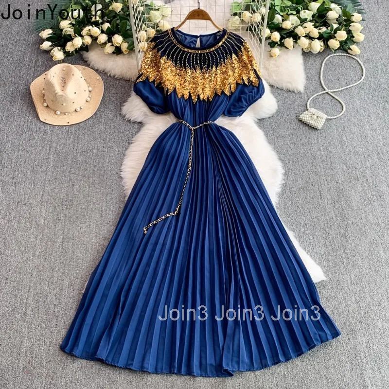 Temperament Robe Femme Heavy Sequin Summer Dresses Women Clothing 2025 Vestidos De Mujer O-neck Short Sleeve Pleated Maxi Dress