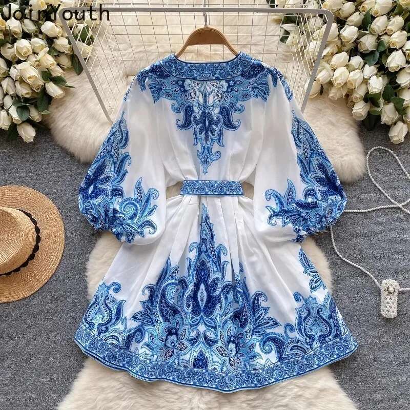 Elegant Robe Femme Floral Summer Dress for Women 2025 Vestidos De Mujer Bandage Tunic Lantern Sleeve Vintage Korean Dresses