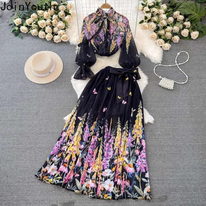Floral Vintage 2 Piece Sets 2025 Women Clothing Stand Neck Bandage Blouses High Waist A-line Big Swing Suit Chic Summer Outfits