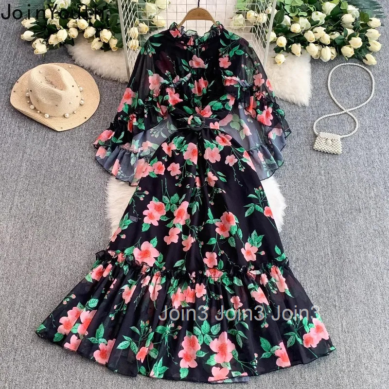 Floral Sweet Dresses Women Clothes O-neck Flare Sleeve Slim Waist Robe Femme 2025 Vestidos De Mujer Ruffles Chiffon Summer Dress