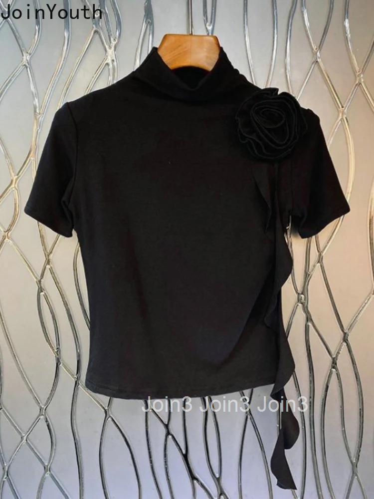 Crop Tops Temperament Woman T Shirts Solid Color Tunic Tees Turtleneck Short Sleeve Camisetas Chic 3D Floral Summer T-shirts