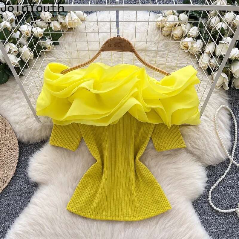 Sweet Woman T Shirts Slash Neck Off Shoulder Ruffles Tops 2025 Ropa Mujer Fashion Summer Camisetas Slim Fit Korean Tshirt Tees