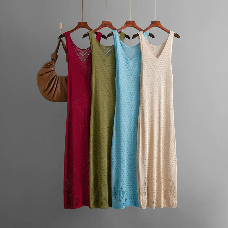 Knitted V-neck Hollow Sexy Split Vacation Long Beach Bikini Cover-up Dress