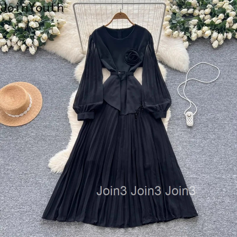 Vintage Summer Dress O-neck Lantern Sleeve Temperament Robe Femme 2025 Vestidos De Mujer High Waist Big Swing Pleated Dresses