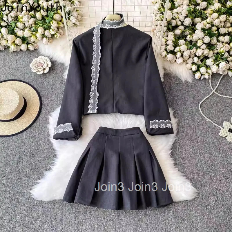 Temperament Two Piece Sets 2025 Womens Clothing V-neck Patchwork Lace Jackets High Waist A-line Pleated Mini Outfits Chic Suit