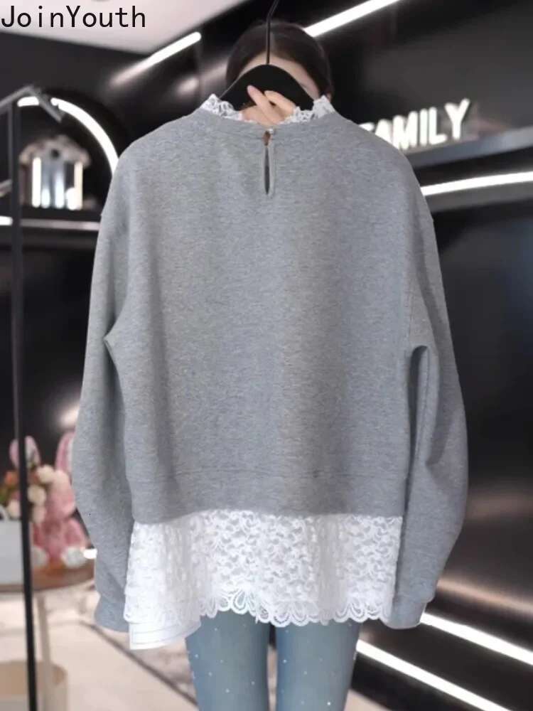 Korean Sweatshirts Patchwork Lace Thicked Long Sleeve Half High Collar Hoodies Fashion Y2k Tops Casual Floral Vintage Hoodie