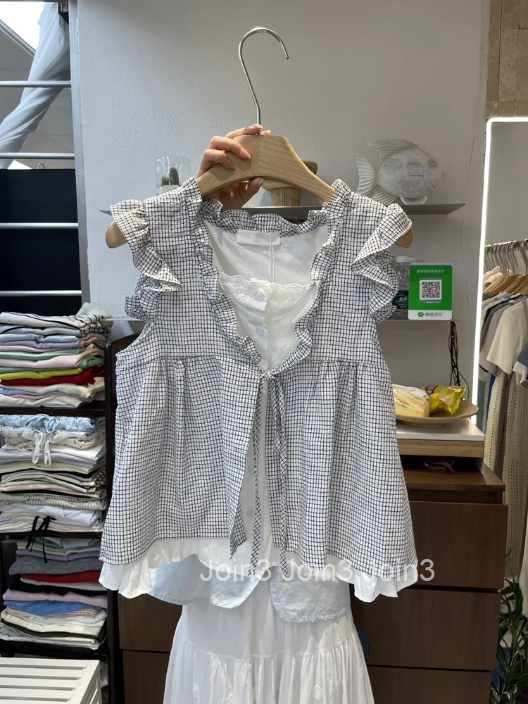 Fake Two Blouses for Women 2025 Blusas Mujer De Moda Contrast Color Plaid Sleeveless Ruffles Shirts Loose Summer Vintage Tops