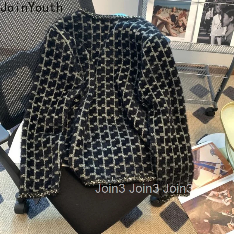 Knitwear Plaid Cardigan Jackets Women Autumn Winter Clothing Sueter Mujer Soft Furry Knit Sweater Tops Loose Vintage Pull Femme