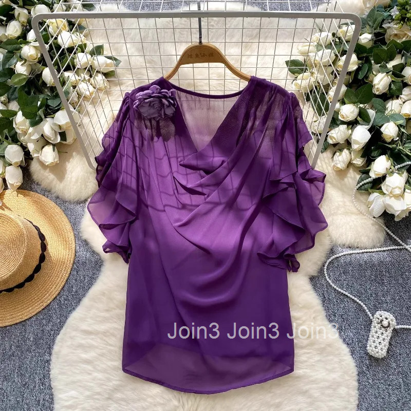 2025 Blusas Mujer De Moda Women Tops Summer Blouses 3D Floral Loose Shirts Ruffles Chiffon Blouse Thin Vintage Womens Clothing