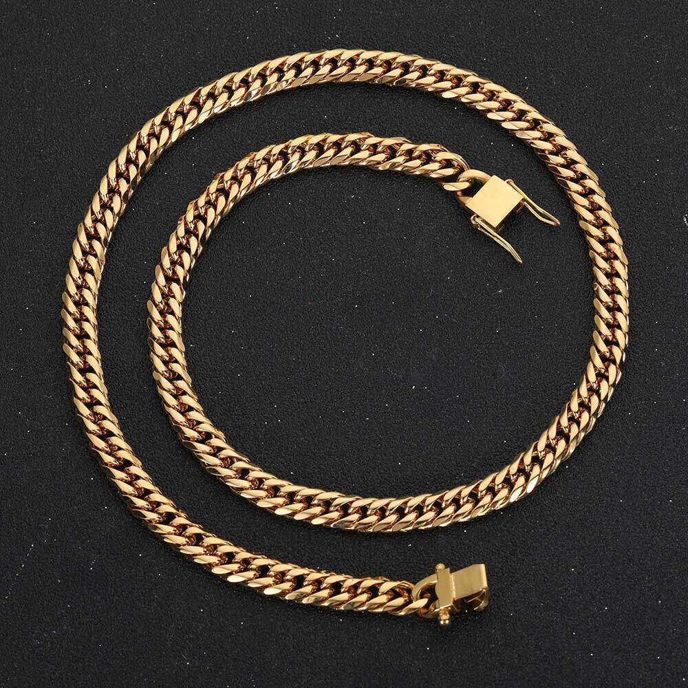 Hip Hop 7mm 9mm Stainless Double Weave Six-Sided Polished Cuban Real Gold Plated Dragon Head Clasp Titanium Steel Necklace 7f1c