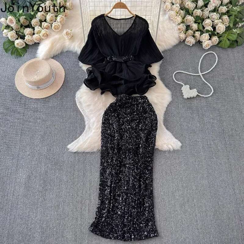 Temperament Skirt Suit V-neck Tunic Ruffles Short Sleeve Tops High Waist Bodycon Skirts 2025 Summer New Two Piece Sets Women