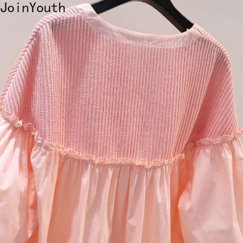 Cotton Blouses Women Patchwork Pink Shirt Loose Summer Sweet Ruffles Blouse O-neck Lantern Sleeve Tops 2025 Blusas Mujer De Moda