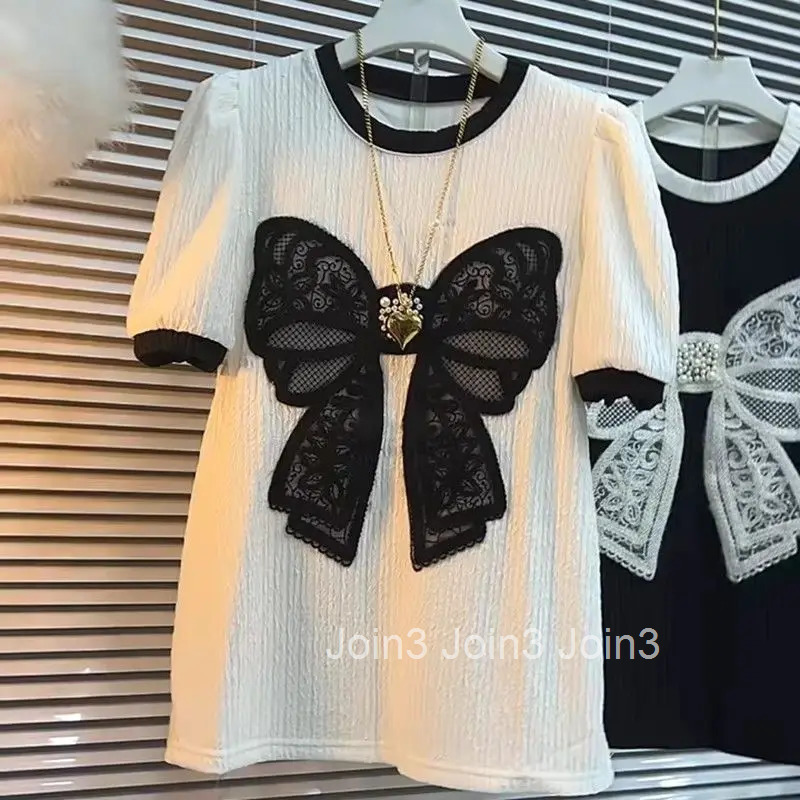 2025 Ropa Mujer Women T Shirts Short Sleeve O-neck Camisetas Fashion Summer Tees Patchwork Lace Sweet Bow Tshirts Oversized Tops