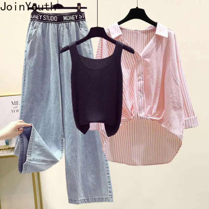 Oversized Clothes Fashion 3 Piece Sets Women Striped Blouses Knit Vest High Waist Striped Wide Leg Pants Outfitd Casual Set