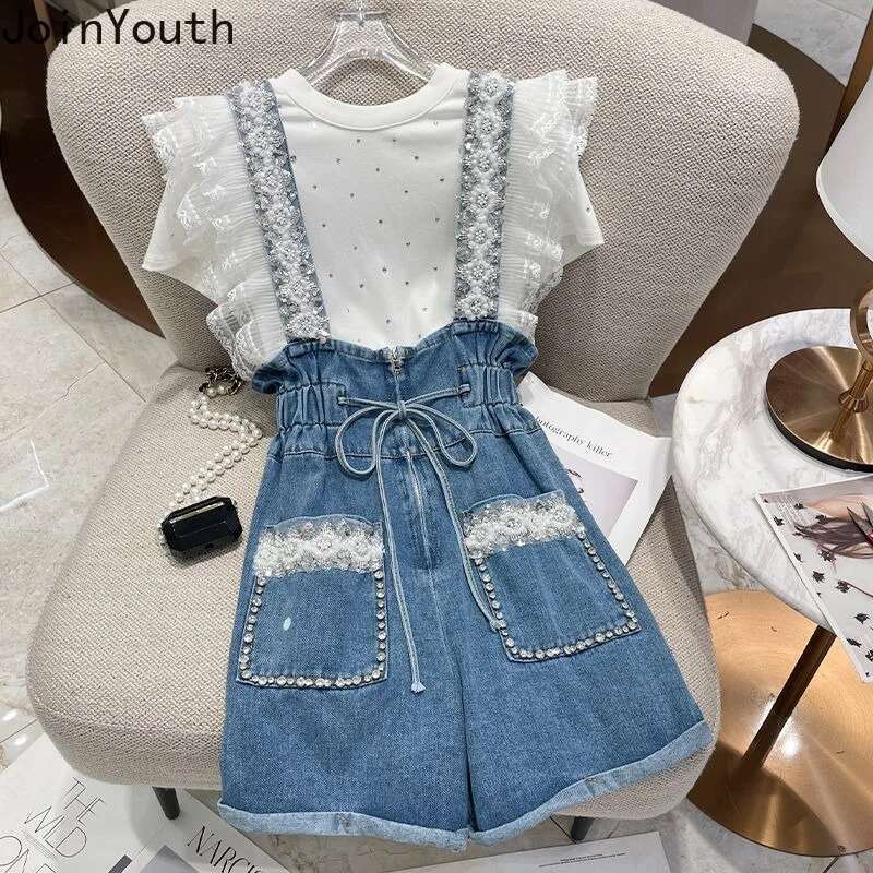 Fashion Denim Shorts Women Clothing Summer Overalls Heavy Beading Ruffles Pantalones Cortos De Mujer Korean Y2k Wide Leg Pants