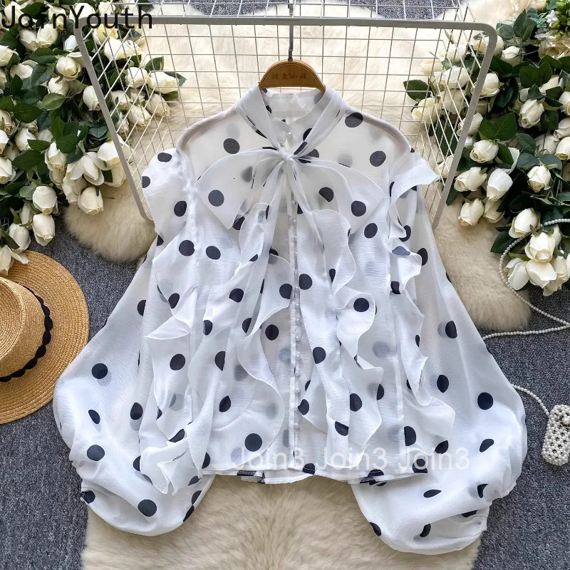 Vintage Blouse for Women 2025 Blusas Mujer De Moda Bandage Bow Lantern Sleeve Polka Dot Shirts Ruffles Chic Summer Blouses Tops